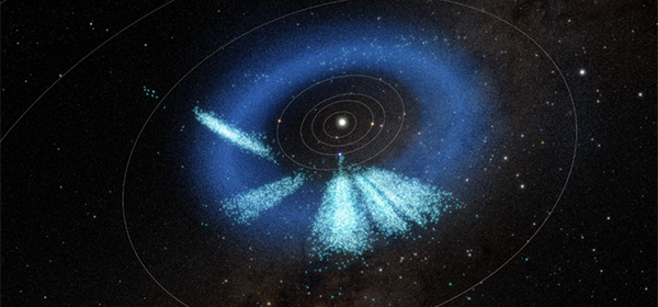 A rendering of the inner solar system shows the asteroids discovered by the Vera C. Rubin Observatory in light teal.