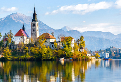 Slovenia landscape with lake and church