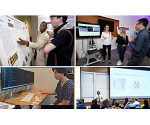 Montage of students presenting their research.