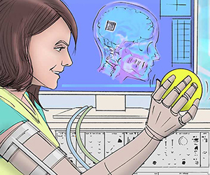 illustration of a woman with a brain-controlled prosthetic arm holding a ball