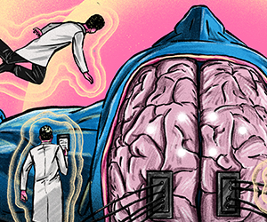 Surreal illustration of scientists working on a brain implant