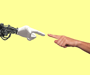 photo illustration of robotic hand touching a human hand