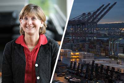 Debra Glassman next to a photo of the port of Seattle