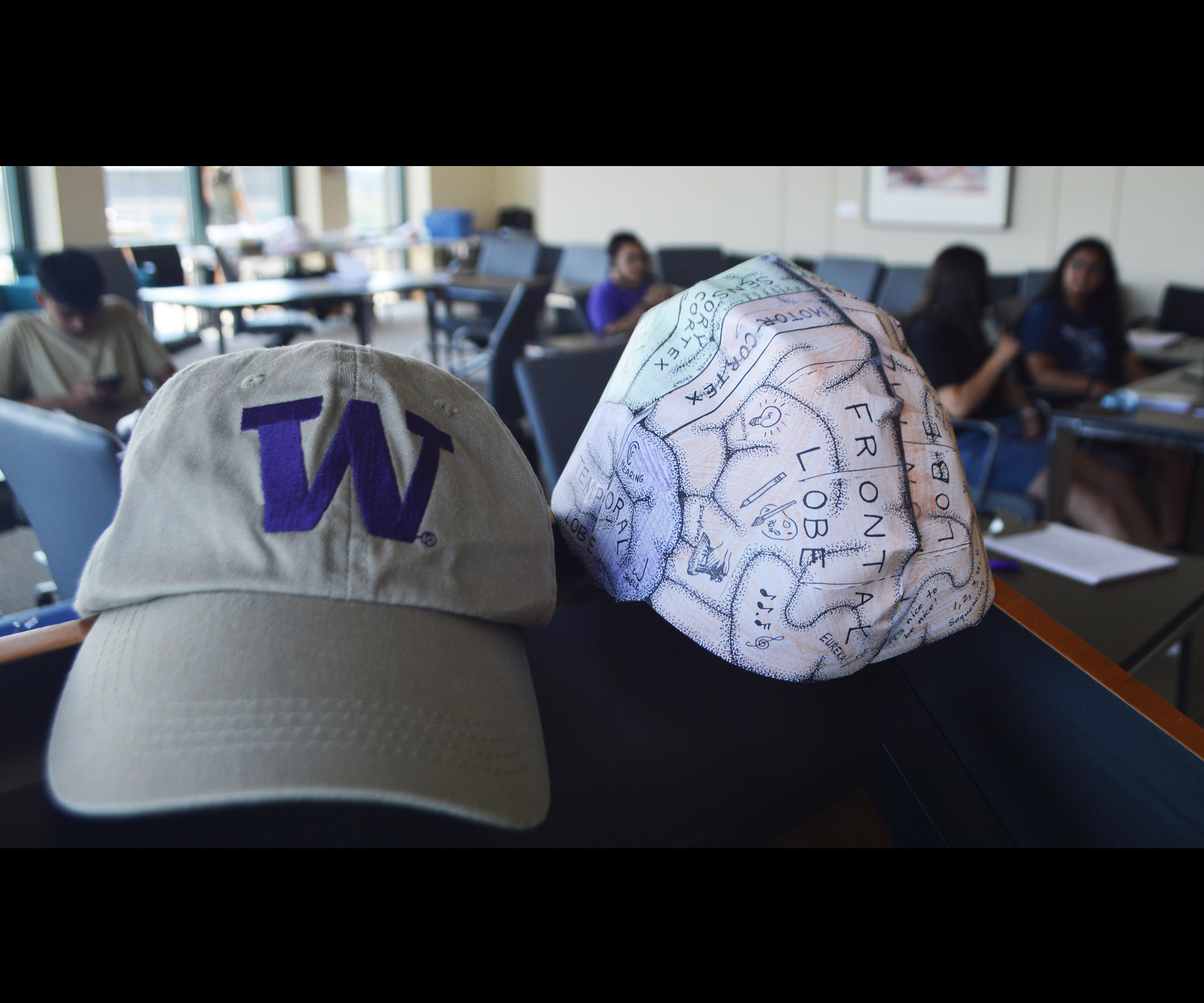 A University of Washington baseball cap and paper brain model on a tabletop.