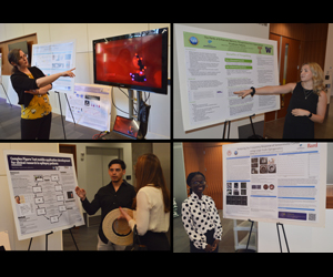 Photos of REU students at their posters during a research symposium.