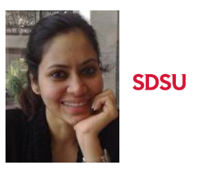 Sweta Sarkar headshot and SDSU logo.