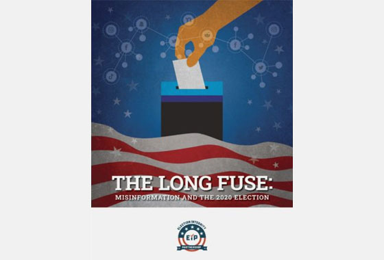 illustration of a person putting a ballot in ballot bos with text "The Long Fuse: misinformation and the 2020 election
