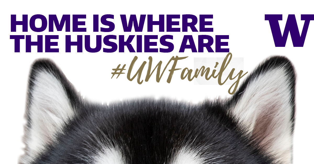 Husky dog ears with text, "Home is where the Huskies are #UWfamily