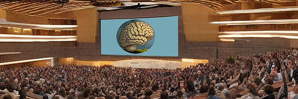 Many people at a conference looking at an image of the brain on a screen.