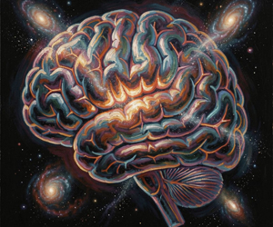 Drawing of abstract brain floating in space with stars and galaxies.