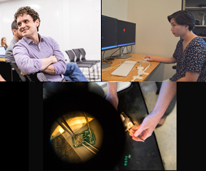 Photographs of Sam Burden, Annika Pfister and CNT research device.