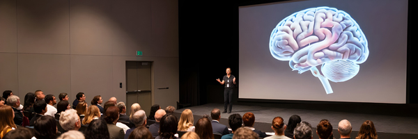A presenter speaking to a large group of people about the brain.