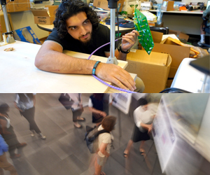 Top image:  Student in lab; Bottom image: scientific poster session