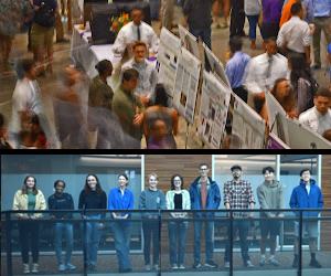 Top:  People at a scientific meeting; Bottom:  New REU students.