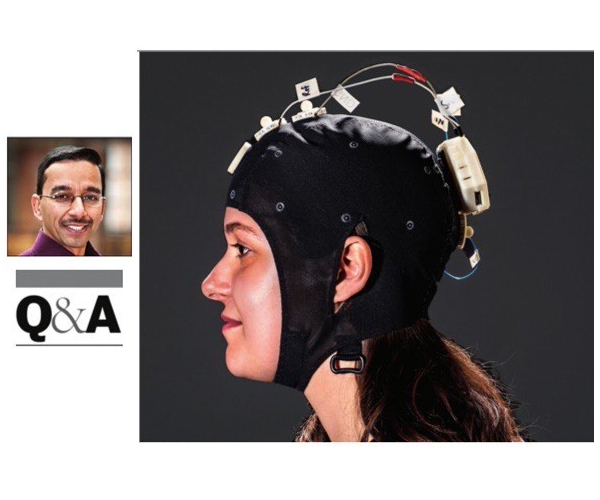 Woman wearing an electroencephalography headset on the right and an insert small photo of Dr. Raj Rao.