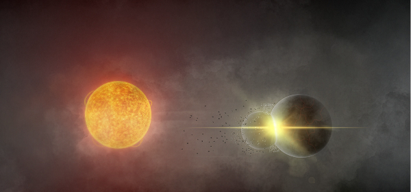 Lead author Andy Tzanidakis’ rendering of the planetary collision he suspects occurred around star Gaia20ehk in 2021. 